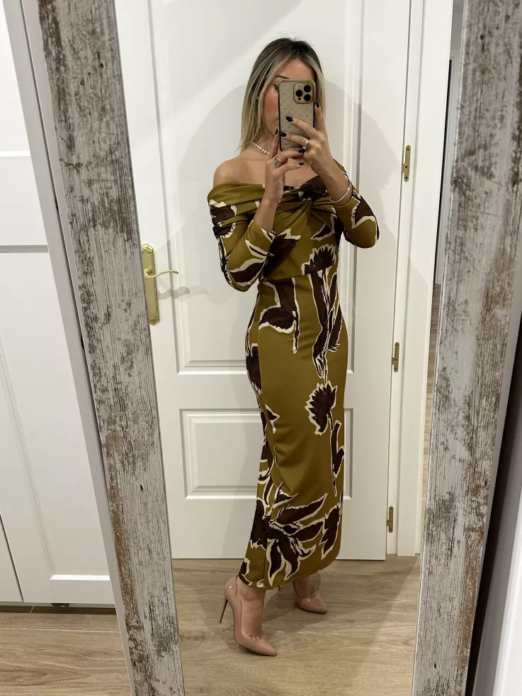 Vestido Sonsoles tonos lima y marrón