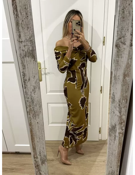 Vestido Sonsoles tonos lima y marrón