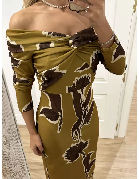 Vestido Sonsoles tonos lima y marrón