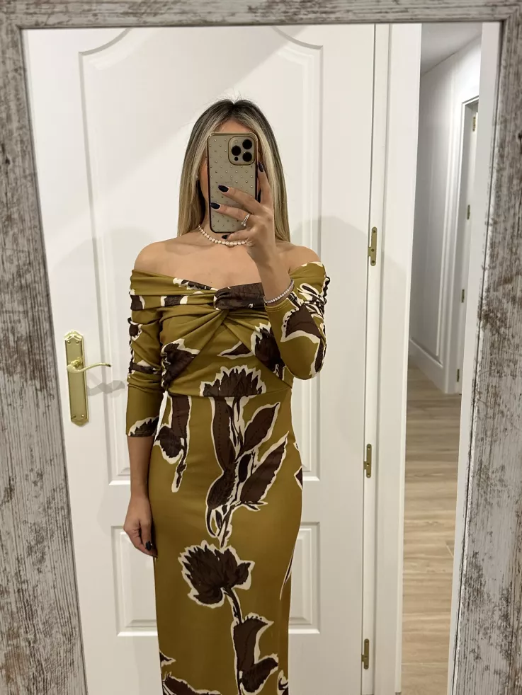 Vestido Sonsoles tonos lima y marrón