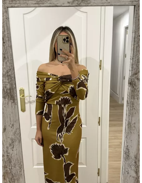 Vestido Sonsoles tonos lima y marrón