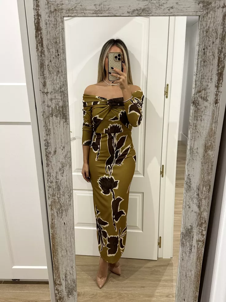 Vestido Sonsoles tonos lima y marrón