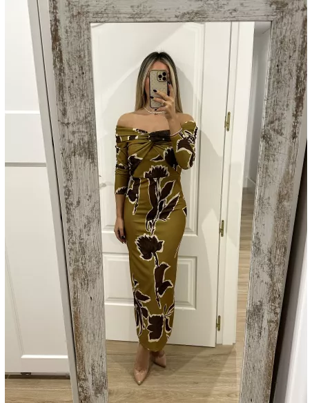 Vestido Sonsoles tonos lima y marrón