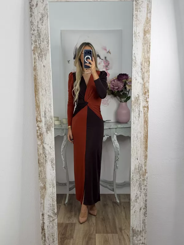 Vestido Ludmila bicolor teja y chocolate