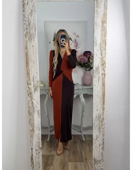 Vestido Ludmila bicolor teja y chocolate