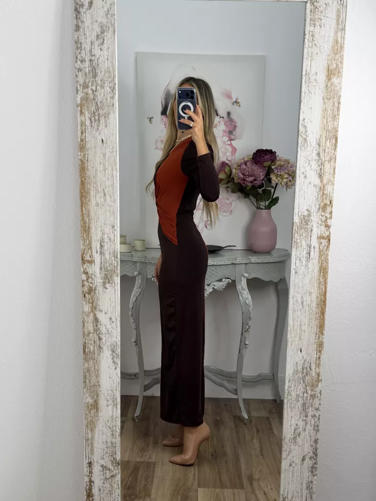 Vestido Ludmila bicolor teja y chocolate