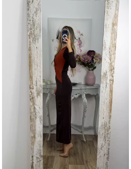 Vestido Ludmila bicolor teja y chocolate