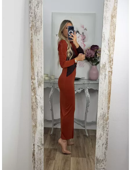 Vestido Ludmila bicolor teja y chocolate