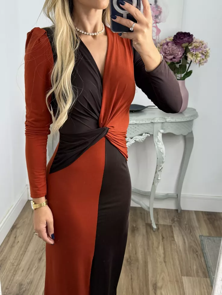 Vestido Ludmila bicolor teja y chocolate