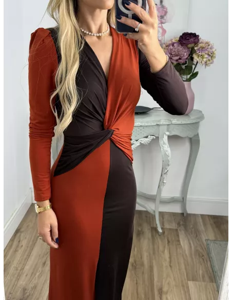 Vestido Ludmila bicolor teja y chocolate