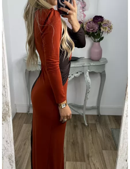 Vestido Ludmila bicolor teja y chocolate