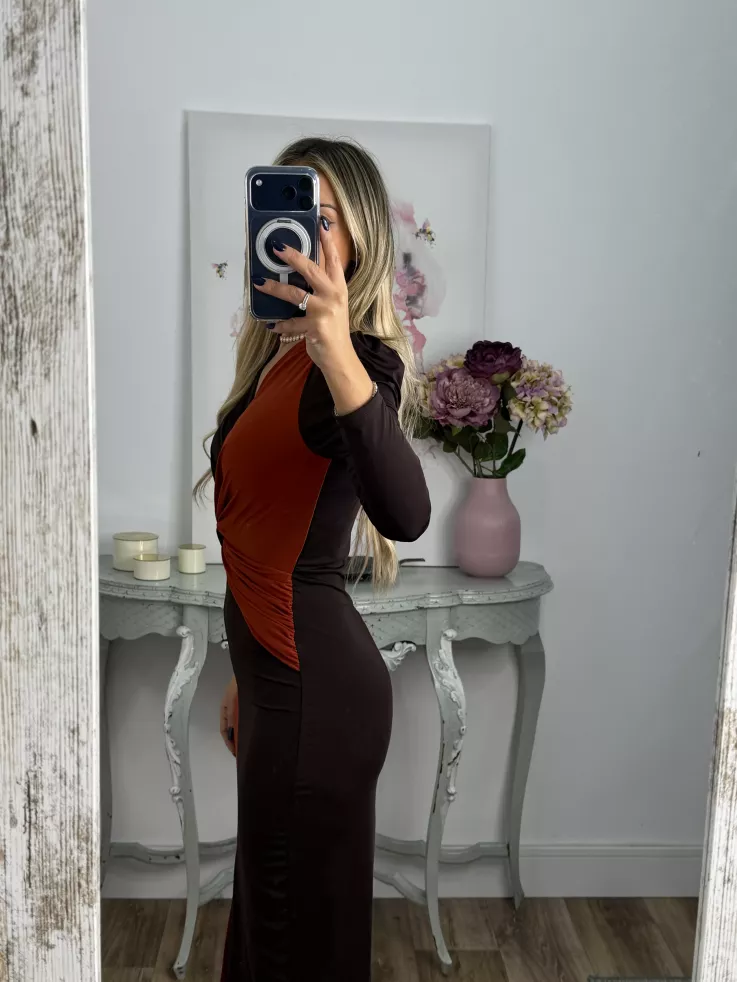 Vestido Ludmila bicolor teja y chocolate