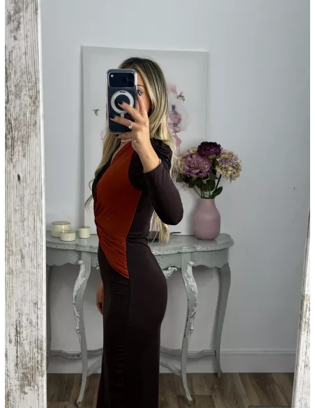 Vestido Ludmila bicolor teja y chocolate