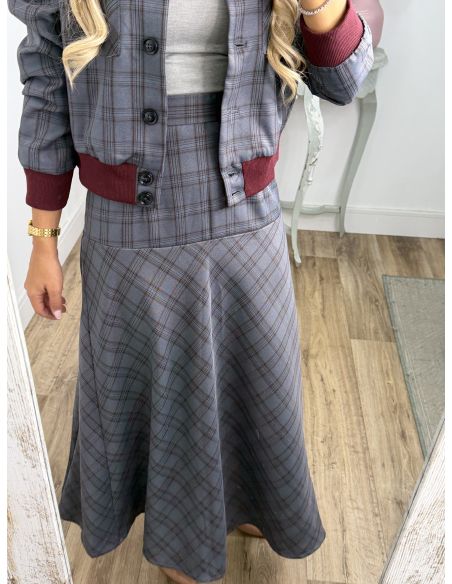 Conjunto bomber cuadros gris y burdeo