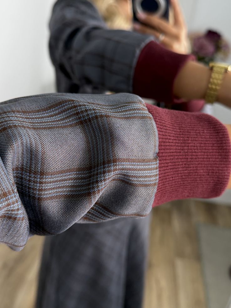 Conjunto bomber cuadros gris y burdeo