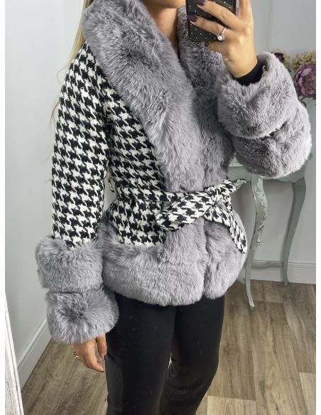 Abrigo pata de gallo negro con pelo gris