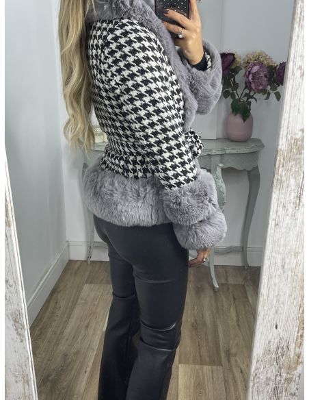 Abrigo pata de gallo negro con pelo gris