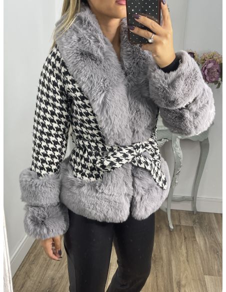 Abrigo pata de gallo negro con pelo gris