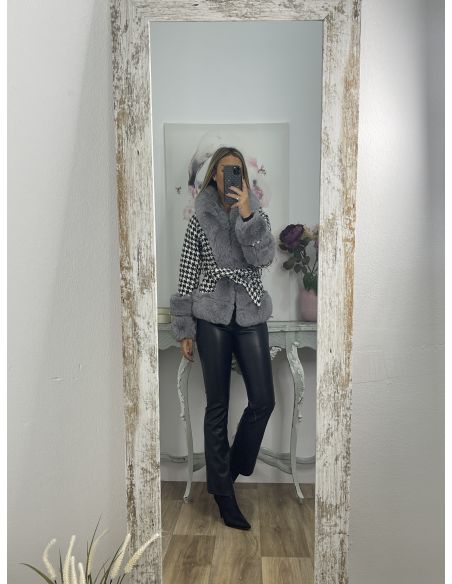 Abrigo pata de gallo negro con pelo gris