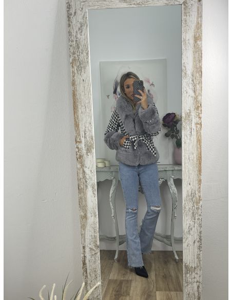 Abrigo pata de gallo negro con pelo gris