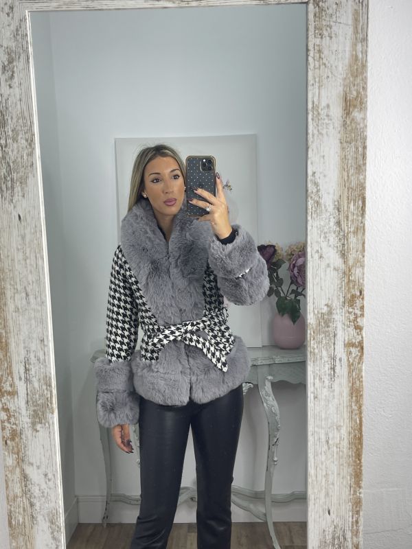 Abrigo pata de gallo negro con pelo gris