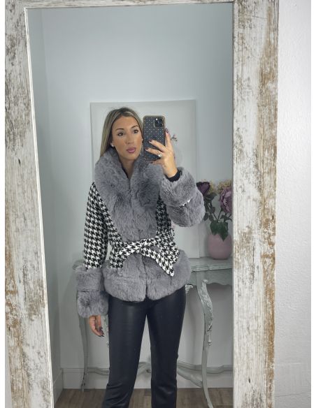 Abrigo pata de gallo negro con pelo gris