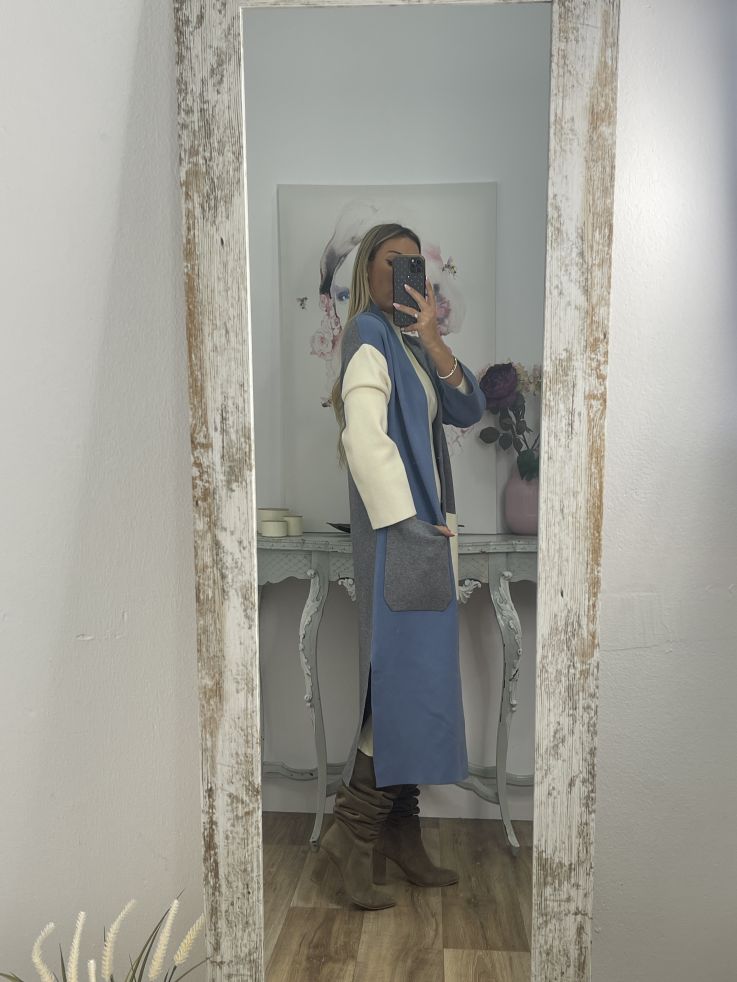 Abrigo punto tricolor azul beige y gris