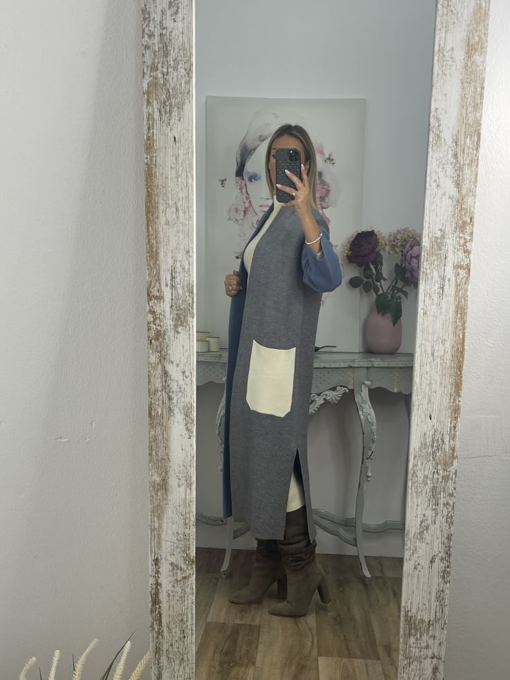 Abrigo punto tricolor azul beige y gris