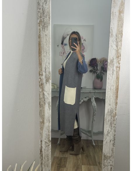 Abrigo punto tricolor azul beige y gris