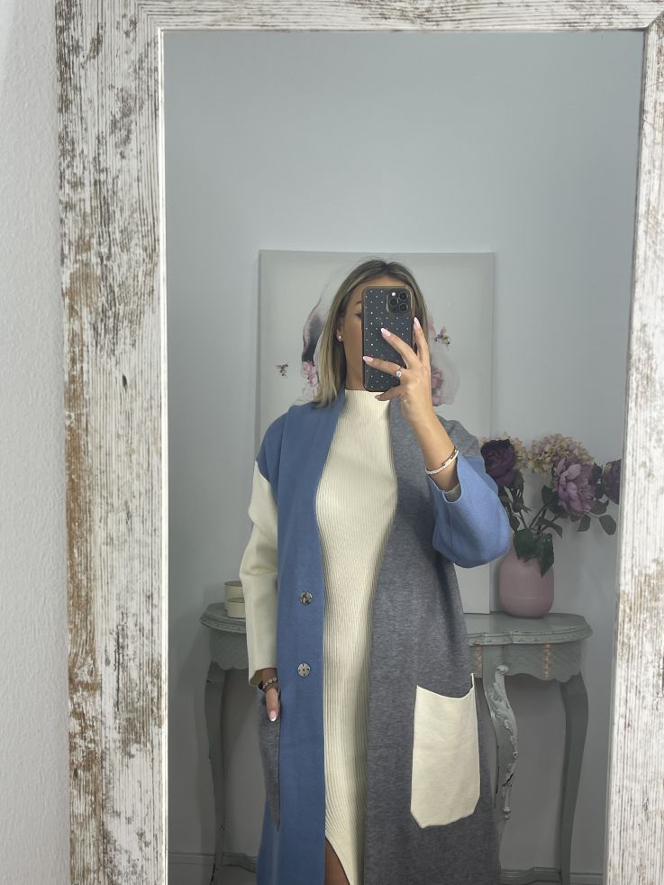 Abrigo punto tricolor azul beige y gris