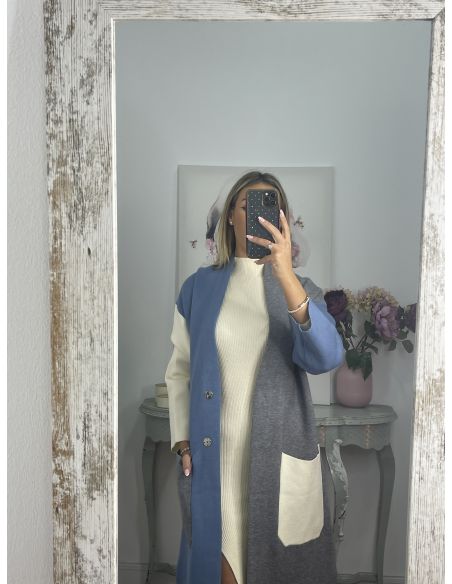 Abrigo punto tricolor azul beige y gris