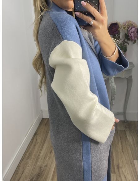 Abrigo punto tricolor azul beige y gris