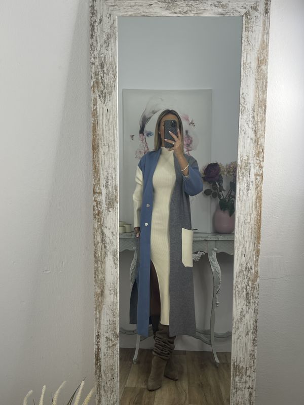 Abrigo punto tricolor azul beige y gris