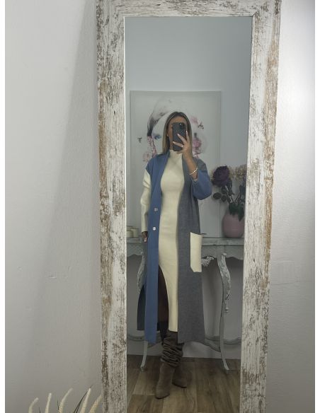 Abrigo punto tricolor azul beige y gris