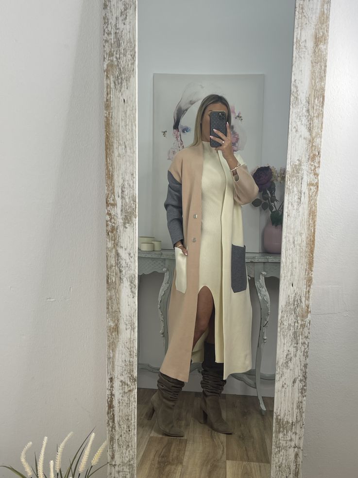 Abrigo punto tricolor beige camel y gris