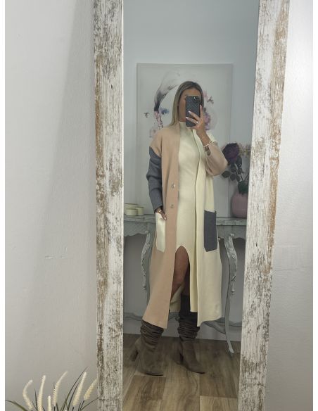 Abrigo punto tricolor beige camel y gris
