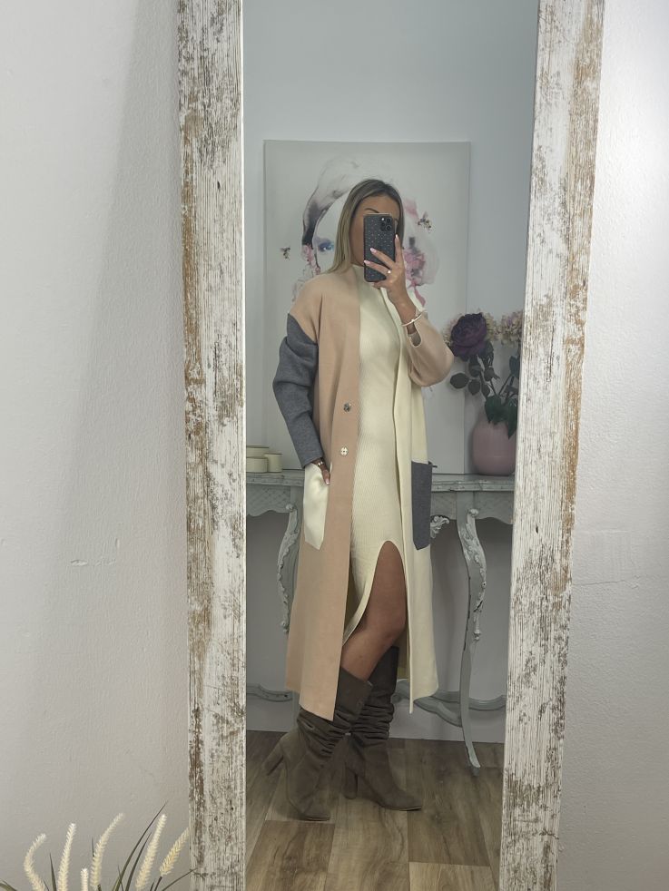 Abrigo punto tricolor beige camel y gris