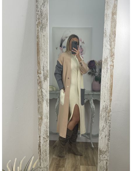 Abrigo punto tricolor beige camel y gris