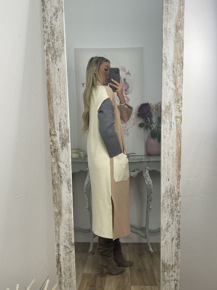 Abrigo punto tricolor beige camel y gris