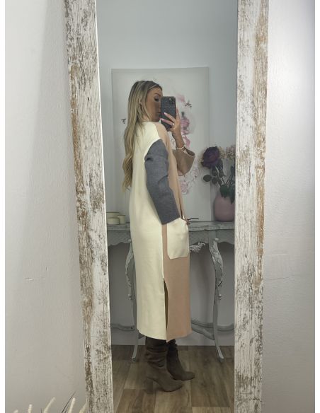 Abrigo punto tricolor beige camel y gris