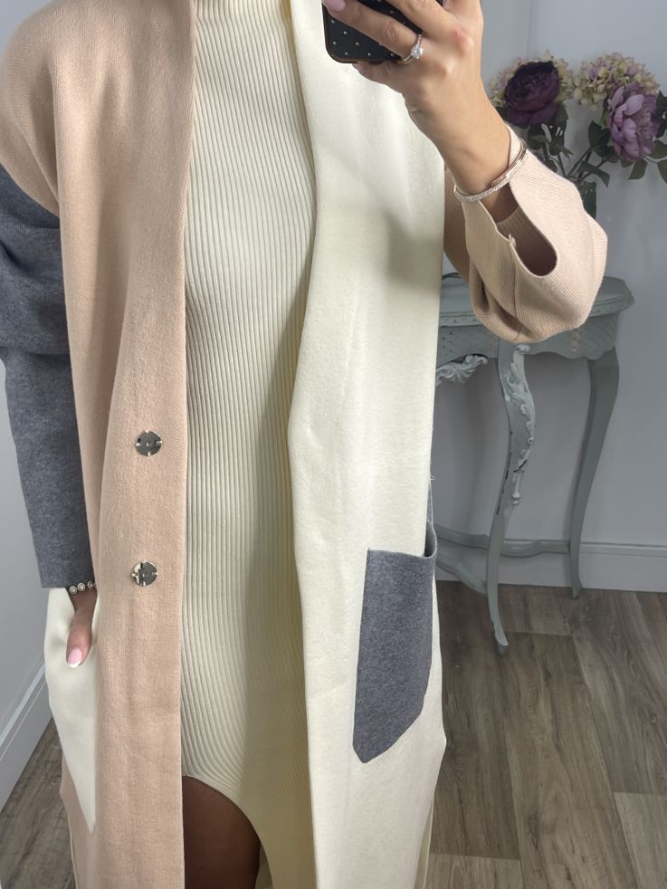 Abrigo punto tricolor beige camel y gris