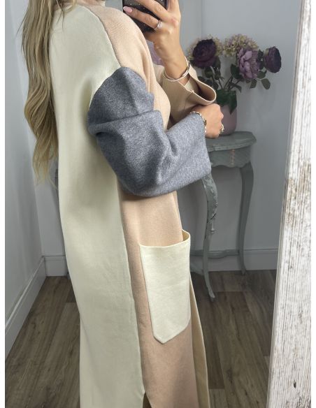 Abrigo punto tricolor beige camel y gris