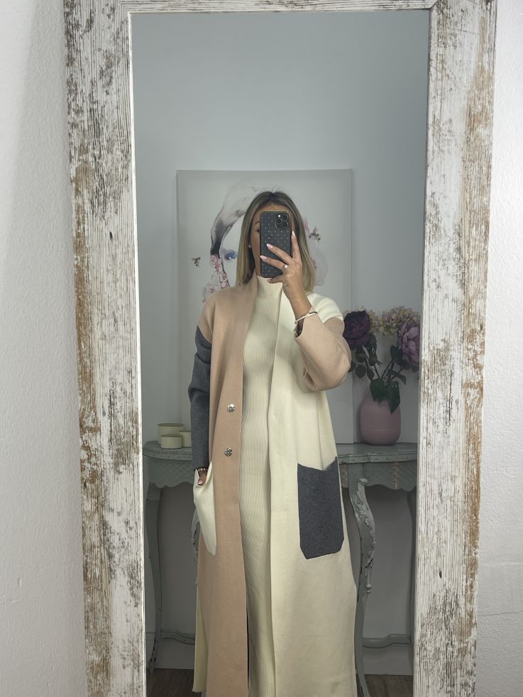 Abrigo punto tricolor beige camel y gris