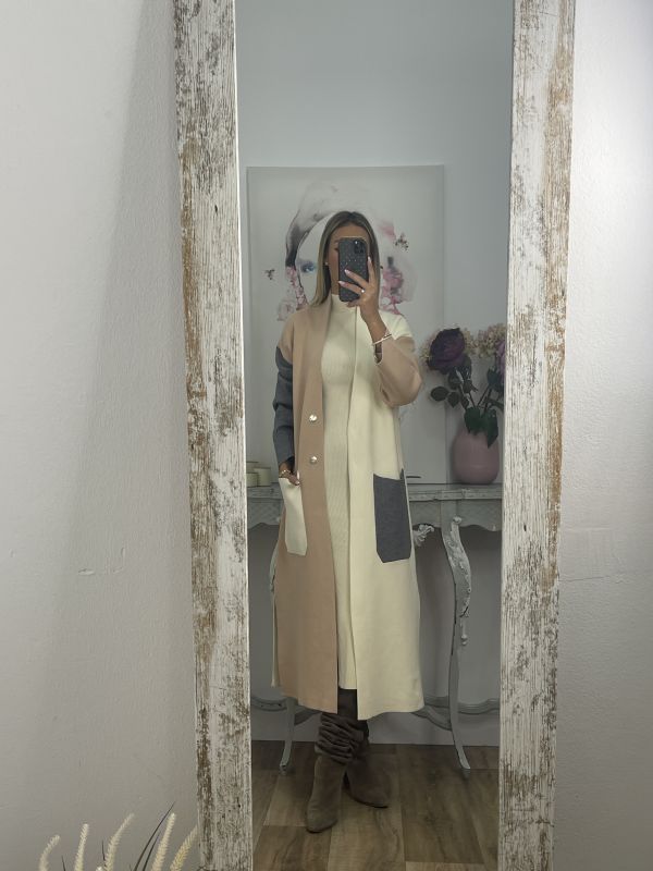 Abrigo punto tricolor beige camel y gris