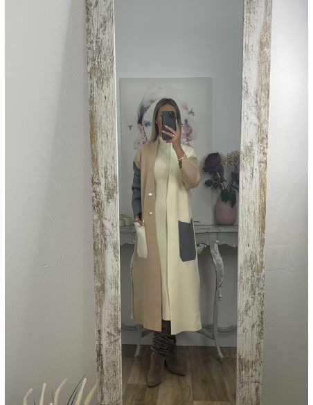 Abrigo punto tricolor beige camel y gris