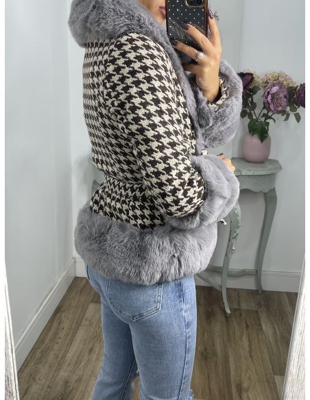 Abrigo pata de gallo marrón con pelo gris