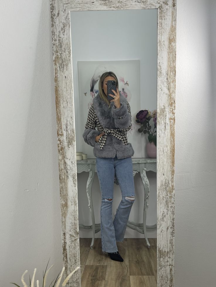 Abrigo pata de gallo marrón con pelo gris