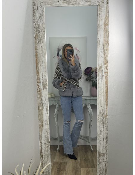 Abrigo pata de gallo marrón con pelo gris