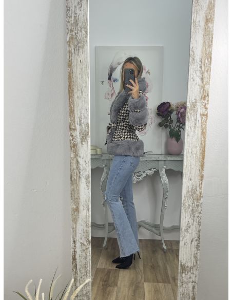 Abrigo pata de gallo marrón con pelo gris