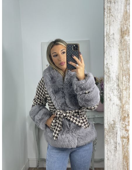 Abrigo pata de gallo marrón con pelo gris